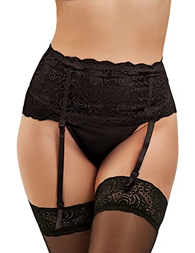 comeondear Liguero Talla Grande para Mujer Ropa Interior Liga de Encaje para Medias con Tanga y 4 ligas Ajustables - Negro - XS-S