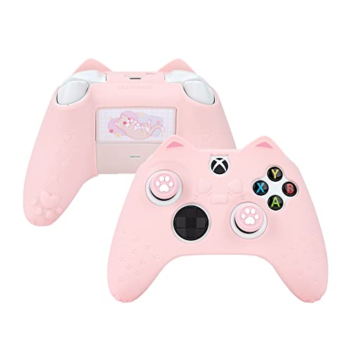 GeekShare Cat Paw Controller Skin Grips Set Anti-Slip Silicone Protective Cover Skin Case Compatible with Xbox Series X Controller with 2 Thumb Grip Caps and 1 Sticker (Pink) - Pink