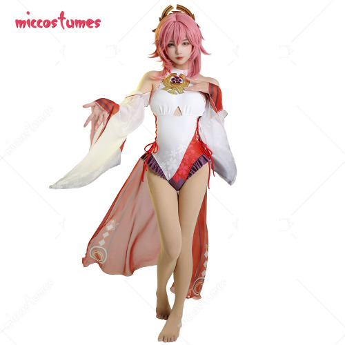 Women Girls Yae Miko Derivative Halter One-piece Swimwear Side Lace-up Bathing Suit With Trumpet Sleevesand Chiffon Skirt - Cosplay Costumes - AliExpress