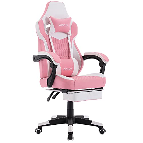 WOTSTA Gaming Chairs Massage Game Chair with Footrest Reclination Angle Adjustable Backrest Height Gamer Seat Equiped Retractable Wheels (Pink) - Pink&white
