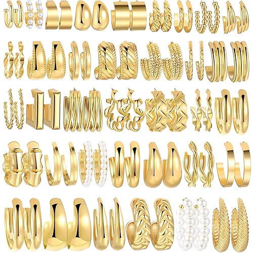 36 Pairs Gold Hoop Earrings Set for Women, Fashion Chunky Gold Hoop Earrings Multipack, Hypoallergenic Pearl Chain Twisted Statement Earring Pack for Birthday Party Jewelry - A-gold -36 pcs