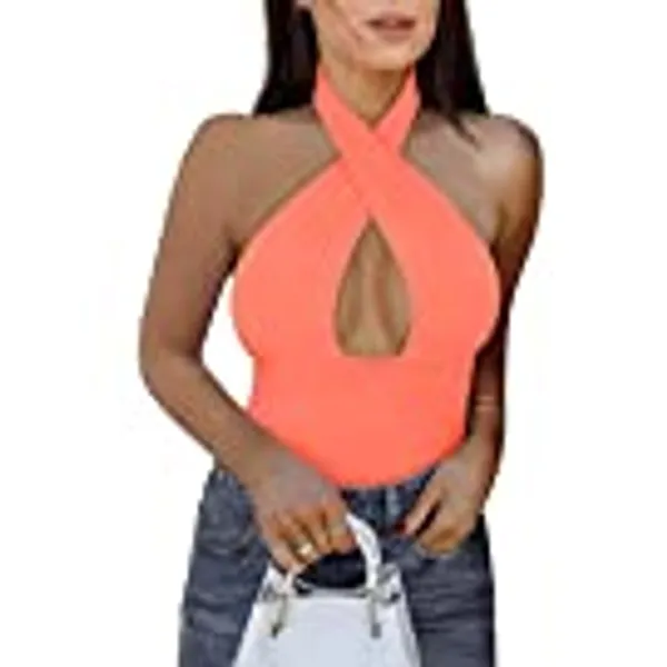 REORIA Women's Sexy Criss Cross Halter Neck Sleeveless Thong Bodysuits Tops Clubwear