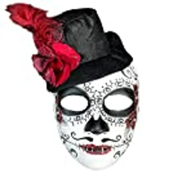 Day of the Dead Costume Masks for Women Men Roses Flower Crown Hat Masquerade Mask Dia de los Muertos Headpiece Black Red