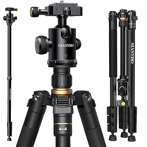 77” DSLR Camera Tripod for Travel - NIANYISO Compact Tripod for Camera, Professional Tripods with 36mm 360 Degree Ball Head, Lightweight Aluminum Camera Tripods & Monopods Load up to 33 lbs - 77 inch