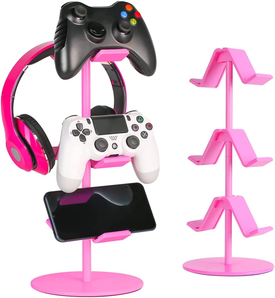 KELJUN Controller Holder Pink,Headphone Stand,3 Tier Multi Adjustable Game Controller Headset Hanger for All Universal Gaming PC Accessories, Xbox PS4 PS5 Nintendo Switch(Cute Pink) - Cute Pink