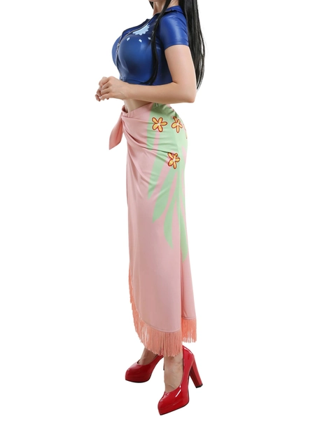 Haikyuu Women's Nico Robin Cosplay Costume Top and Wrap Skirt Decorated with Floral Pattern and Tassel (Multicolored, Small)