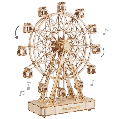 Rolife 3D Wooden Puzzle Hand Crank Music Box Machinarium Toys-DIY Wood Craft Kit-Creative Gift for Boys Girls Adults Kids When Christmas/Birthday (Ferris Wheel Wood Color)