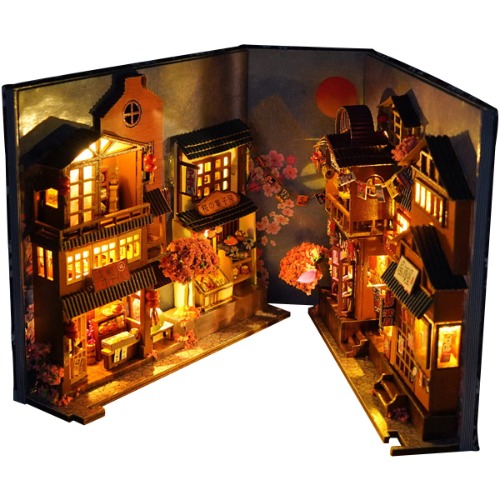 3D Wooden Puzzle Bookend, DIY Book Nook Kit, with LED Light Shelf Insert Alley Miniature Dollhouse Model Building Set, Creative Gift for Birthdays, Black, Medium