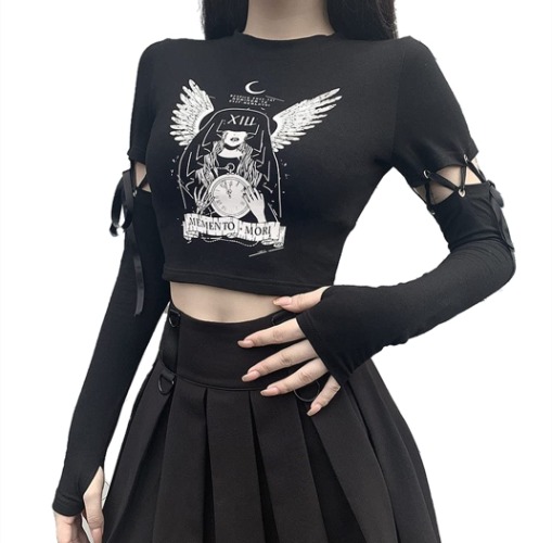 Gothic Crop Top Long Sleeve for Women Basic Tees Mall Goth Emo Alt Clothing Y2k