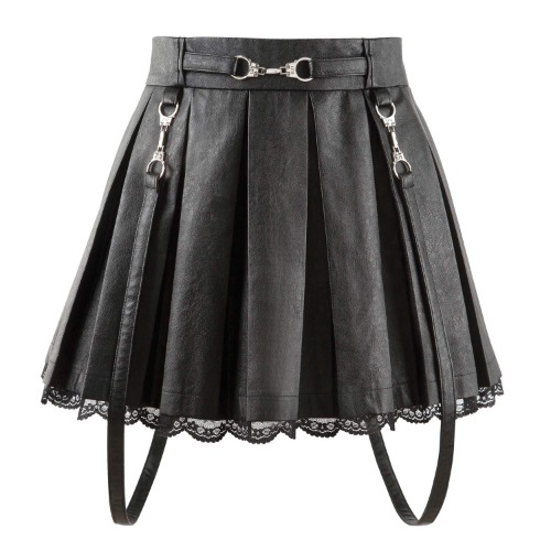LittleForBig Women's A-Line Pleated PU Leather Flared Casual Lace Trim Mini Skirts