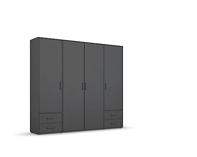 Rauch Möbel Voyager Schrank Kleiderschrank Drehtürenschrank, Graumetallic, 4-türig mit 4 Schubladen, inkl. 1 Kleiderstange, 5 Einlegeböden BxHxT 187x194x53 cm