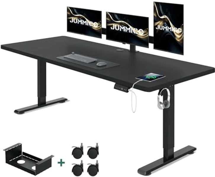 JUMMICO Höhenverstellbarer Schreibtisch 160 x 80 cm mit Kabelwanne, Schreibtisch Höhenverstellbar Elektrisch Stehpult mit USB-Buchse, Ergonomischer Steh-Sitz Tisch mit 360°Rollen, Schwarz
