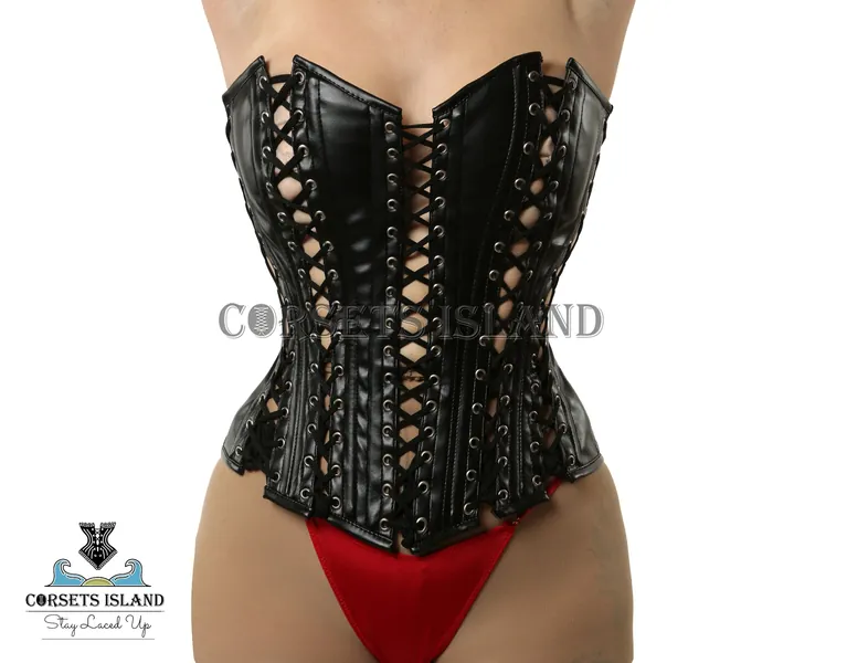 Heavy Duty Steel Boned Leather Corset Lace-Up Over Bust Corset Top Drawer Leather Black Corset