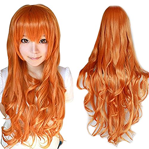 Anogol Hair Cap + Orange Long Wavy Cosplay Wig Synthetic Wig for Girls Orange Cosplay Wig Orange Wavy Wig for Costume Halloween Party - Orange
