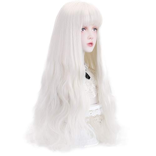 STYLER Long White Synthetic Wig with Bangs - Natural Long Wavy Cosplay Wigs for Women Halloween Christmas 30" (White) - White