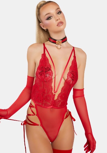 Red Sloane Lace Plunge Teddy | Small/Medium