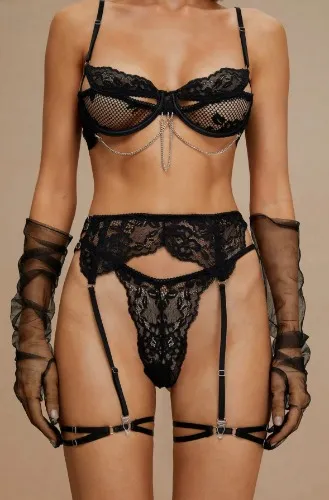 Black Lace Lingerie with Chains (3 Piece Set) - Moxy Intimates