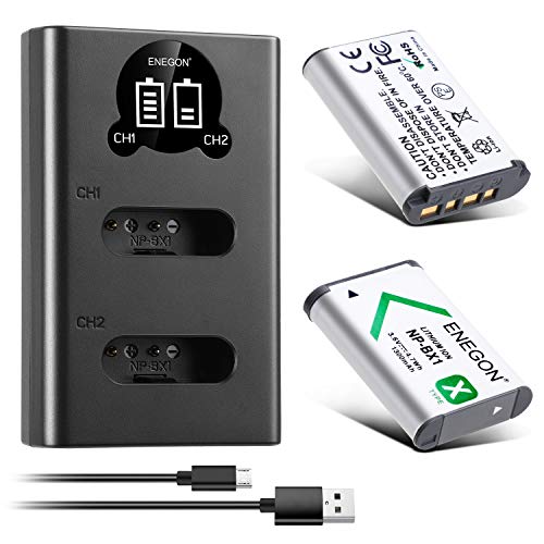 ENEGON NP-BX1 Battery (1300mAh 2-Pack) and LCD Charger Kit Compatible with Sony NP-BX1 and Sony ZV-1, Cyber-Shot DSC-RX100, DSC-RX100 II/III/M4/M5/M6/M7/Ⅳ/Ⅴ/Ⅵ/Ⅶ/VA, DSC-RX100M II, HDR-CX405 - 2*NP-BX1 batteries + 1* LCD Charger