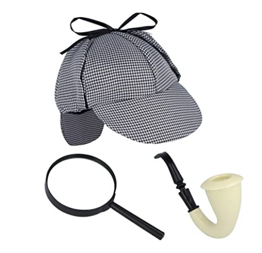 HENBRANDT Adult Victorian Gentleman Detective Kit with Houndstooth Deerstalker Hat, Fake Pipe and Magnifying Glass Victorian Era 1920s Detective Holmes Fancy Dress Accessories Set for Men and Women
