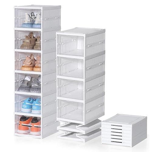 ELUCHANG Shoe Storage Box, Installation Free 6PCS Clear Shoe Boxes Stackable Foldable, Shoe Storage Organiser for Sneakers,Trainers,Hallway,Under Bed,Women,Men, Fit Up to UK 10 - 6 PCS
