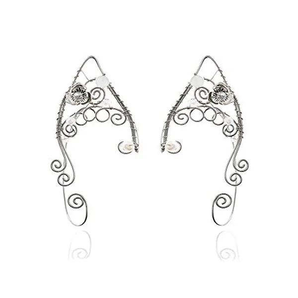 Elven Ear Cuffs for Women, Handmade Elf Fairy Earrings Cuff Wrap Clip-on Filigree Earrings for Fantasy Fairy Halloween Costume, Cosplay, Wedding, Handcraft (Silver) - three-petals flower