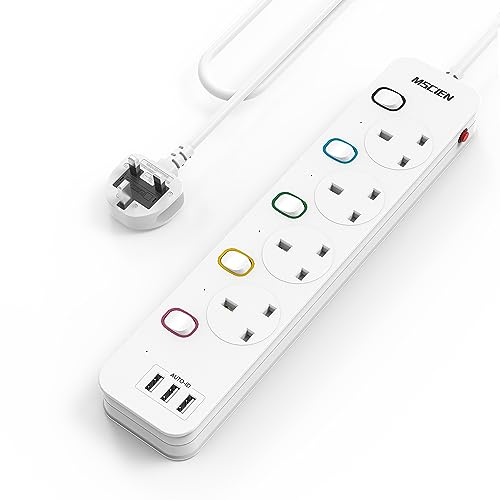 Mscien Extension Lead with USB Slots, 4 Way 3 USB Extension Socket with Individual Switches Mountable Overload Ptotection Power Strips with 1.8M Extension cable 3250W - 1.8M Cable