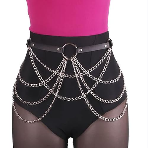 Zookey Punk Leather Waist Chain Belt Black Gothic Waist Belt Layered Metal Link Body Chain Belt Rave Body Jewellery for Pants Dress Carnival Party Costume