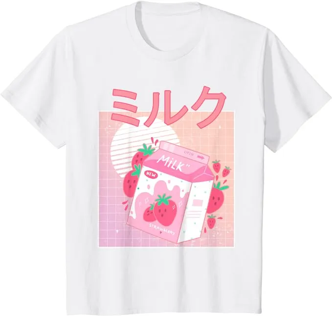 Funny Retro 90s Japanese Kawaii Strawberry Milk Shake Carton T-Shirt - Youth - Purple - Large