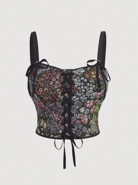 SHEIN MOD Blusa Feminina Plus Size Com Gravata Floral Jacquard Ombro Cami