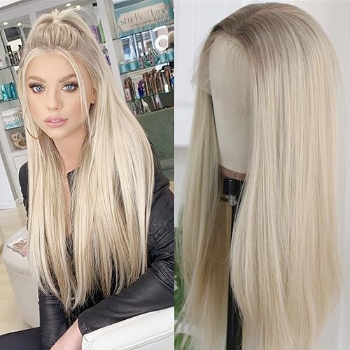 Aisom Ash Blonde Synthetic Lace Front Wigs for Women Ombre Blonde With Brown Roots Long Straight 24inch Pre Plucked Heat Resistant Lace Wigs Daily Use - 24 Inch Ash Blonde