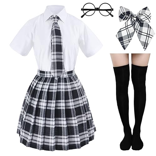 Elibelle Japanese tartan pleated school uniform cosplay costumes with socks eyeglass frame set - Large--Tag 2XL - Black
