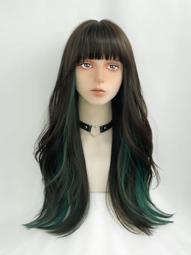 WKLOUYHE Long Wavy Wig for Women Synthetic Curly Wig with Bangs Fibre Cosplay Wig for Girls Daily Use Colorful Wigs (Black+Brown+Green) - Black+Brown+Green