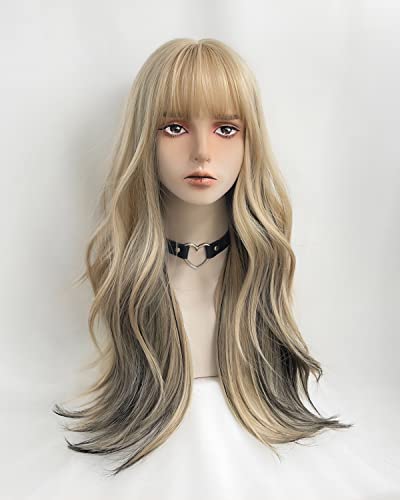 WKLOUYHE Long Wavy Wig for Women Synthetic Curly Wig with Bangs Fibre Cosplay Wig for Girls Daily Use Colorful Wigs (Gold+Black) - Gold+Black