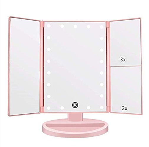 Flymiro Tri-fold Lighted Vanity Makeup Mirror with 3x/2x/1x Magnification, 21Leds Light and Touch Screen,180 Degree Free Rotation Countertop Cosmetic Mirror,Travel (Pink) - Pink