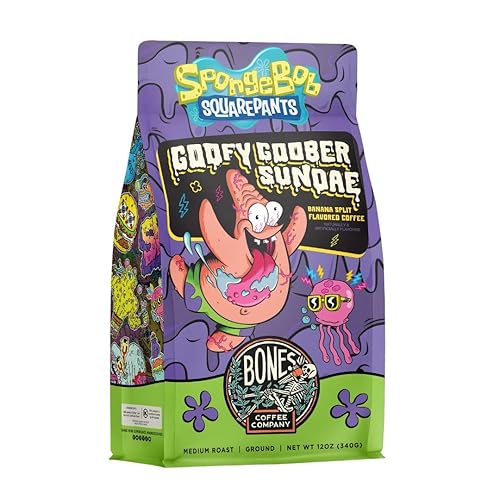 Bones Coffee Company Spongebob Goofy Goober Sundae Flavored Coffee Beans, Medium Roast Ground Coffee Low Acid, Banana Split Flavor (12 oz) - Banana Split (Ground)