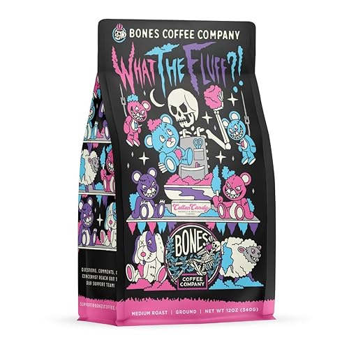 Bones Coffee Company What the Fluff?! Flavored Coffee Beans, Medium Roast Ground Coffee Low Acid, Berry Cotton Candy Flavor (12 oz) - Berry Cotton Candy (Ground)