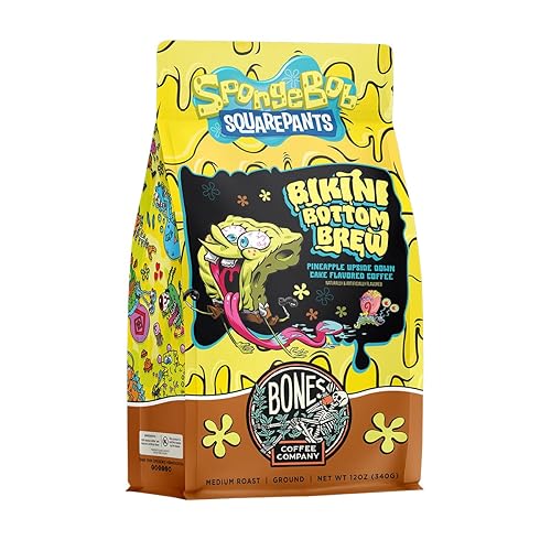 Bones Coffee Company Spongebob Bikini Bottom Brew Flavored Coffee Beans, Medium Roast Ground Coffee Low Acid, Upside Down Cake Flavor (12 oz) - Pineapple Upside Down Cake (Ground)