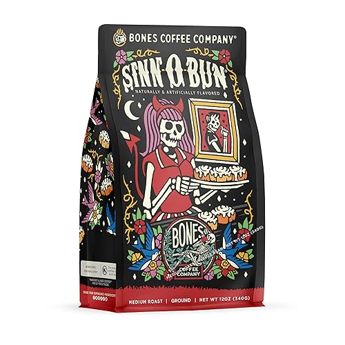 Bones Coffee Company Sinn 'O' Bun Flavored Coffee Beans, Medium Roast Ground Coffee Low Acid, Cinnamon Bun Flavor (12 oz) - Cinnamon Roll (Ground)