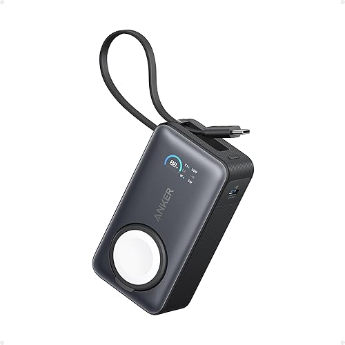 Anker MagGo Power Bank for Apple Watch, Officially Certified 10,000mAh Compact Portable Charger with Built-In USB-C Cable, 35W Max Battery Pack, For iPhone 16/15 Series, iPad, AirPods, and More - Black