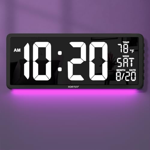 16” Large Digital Wall Clock with Remote | 7 Night Lights | 4 Dimmer, Big LED Display with Day of Week | Date | Indoor Temperature | DST, Clear Read Clock for Home Office Gym Garage Farmhouse, White - Blue