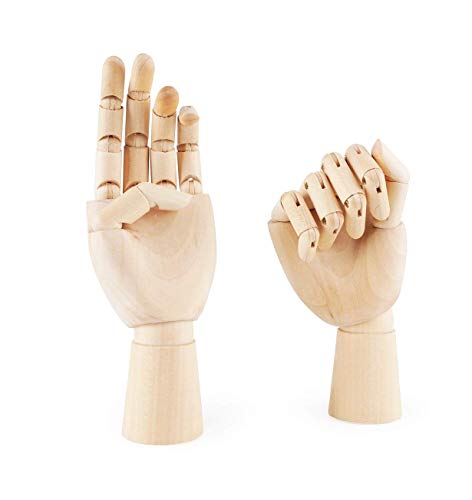 FUKQVOD 2 Pcs 10" Wooden Hand Model Flexible Moveable Fingers Manikin Hand Figure Both Left and Right Hand for Sketching Drawing Home Office Desk Posable Joints Kids Children Toys Gift 10 INCH