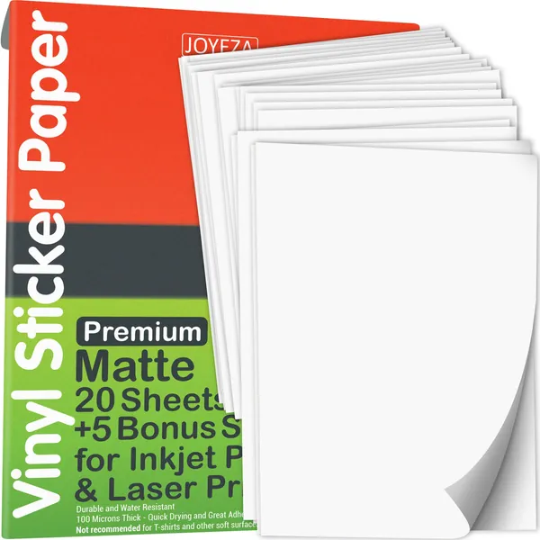 JOYEZA Premium Printable Vinyl Sticker Paper for Inkjet Printer - 25 Sheets Matte White Waterproof, Dries Quickly Vivid Colors, Holds Ink well- Tear Resistant - Inkjet & Laser Printer - 20 pack