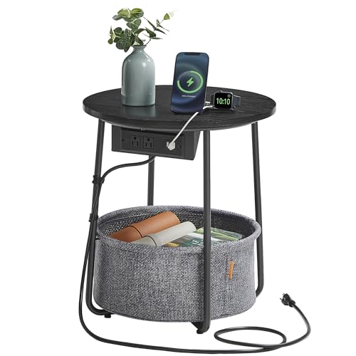 VASAGLE Side Table with Charging Station, Round End Table With Fabric Basket, Nightstand with Power Outlets USB Ports, for Living Room, Bedroom, Modern, Ebony Black and Slate Gray ULET228B01 - Ebony Black and Slate Gray