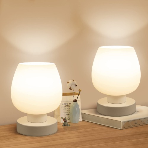 Touch Bedside Table Lamp Set of 2 - Small Modern Table Lamp for Bedroom Living Room Nightstand, 3-Way Dimable Desk lamp with White Opal Glass Lamp Shade, 3000K LED Bulb, Simple Design Home Decor