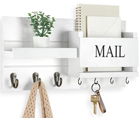 Lwenki Mail Organizer for Wall Mount – Key Holder with Shelf Includes Letter Holder and Hooks for Hallway Farmhouse Decor – Rustic Wood with Flush Mounting Hardware (16.5” x 9.1” x 3.4”) (White) - White