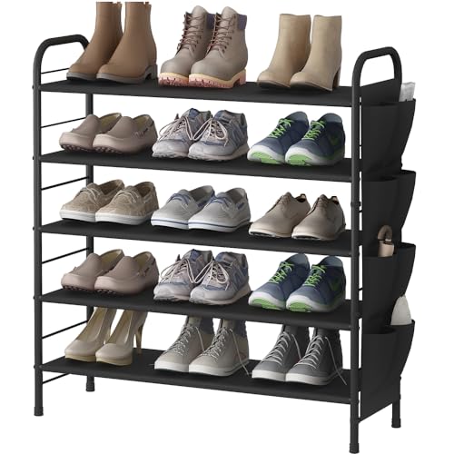 SUOERNUO Shoe Rack Storage Organizer 5 Tier Free Standing Metal Shoe Shelf Compact Shoe Organizer with Side Bag for Entryway Closet Bedroom,Black - 5 Tier - Black