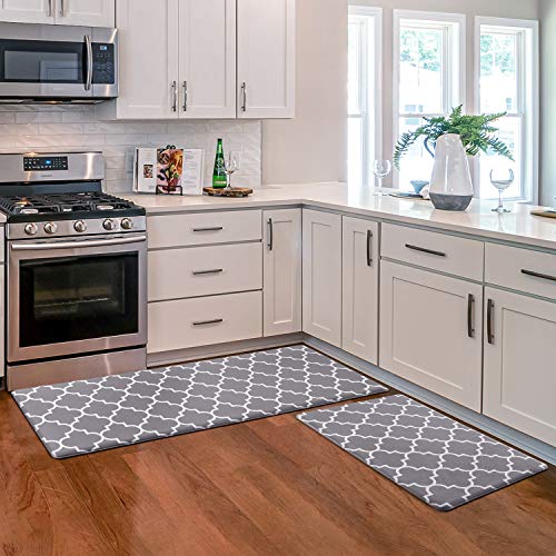 KMAT Kitchen Mat [2 PCS] Cushioned Anti-Fatigue Kitchen Rug, Waterproof Non-Slip Kitchen Mats and Rugs Heavy Duty PVC Ergonomic Comfort Foam Rug for Kitchen, Floor Home, Office, Sink, Laundry,Grey - 17.3 x 47 "+ 17.3 x 29 "--0.40inch - Grey