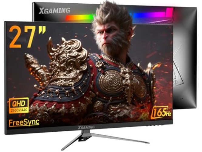 XGaming 27 inch Gaming Monitor, QHD 2560 * 1440p, 144Hz/165Hz 98% sRGB, 1ms, FreeSync, Dual HDMI&DisplayPort, Built-in Speakers and LED Rainbow Light, Frameless IPS Screen, VESA Mountable, Black - 27 inch gaming monitor - 2K/165Hz/HDMI