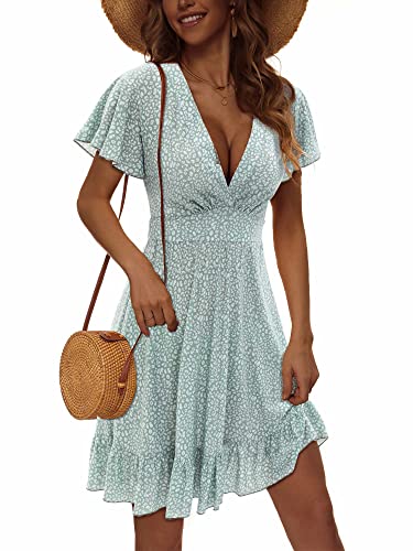 TORARY Womens Summer Dresses 2024 Floral Cap Sleeve Wrap V Neck Ruffle A-Line Sun Dress - Large - Ditsy Green