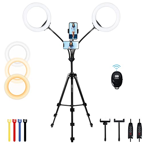 Xeneo 8'' Dual Ring Light with Tripod Stand & 2 Phone Holders for Double Brightness, LED Selfie Ring Light with Remote Shutter for Live Stream/YouTube/Video Recording/Makeup/Vlogging, up to 5.9ft Tall